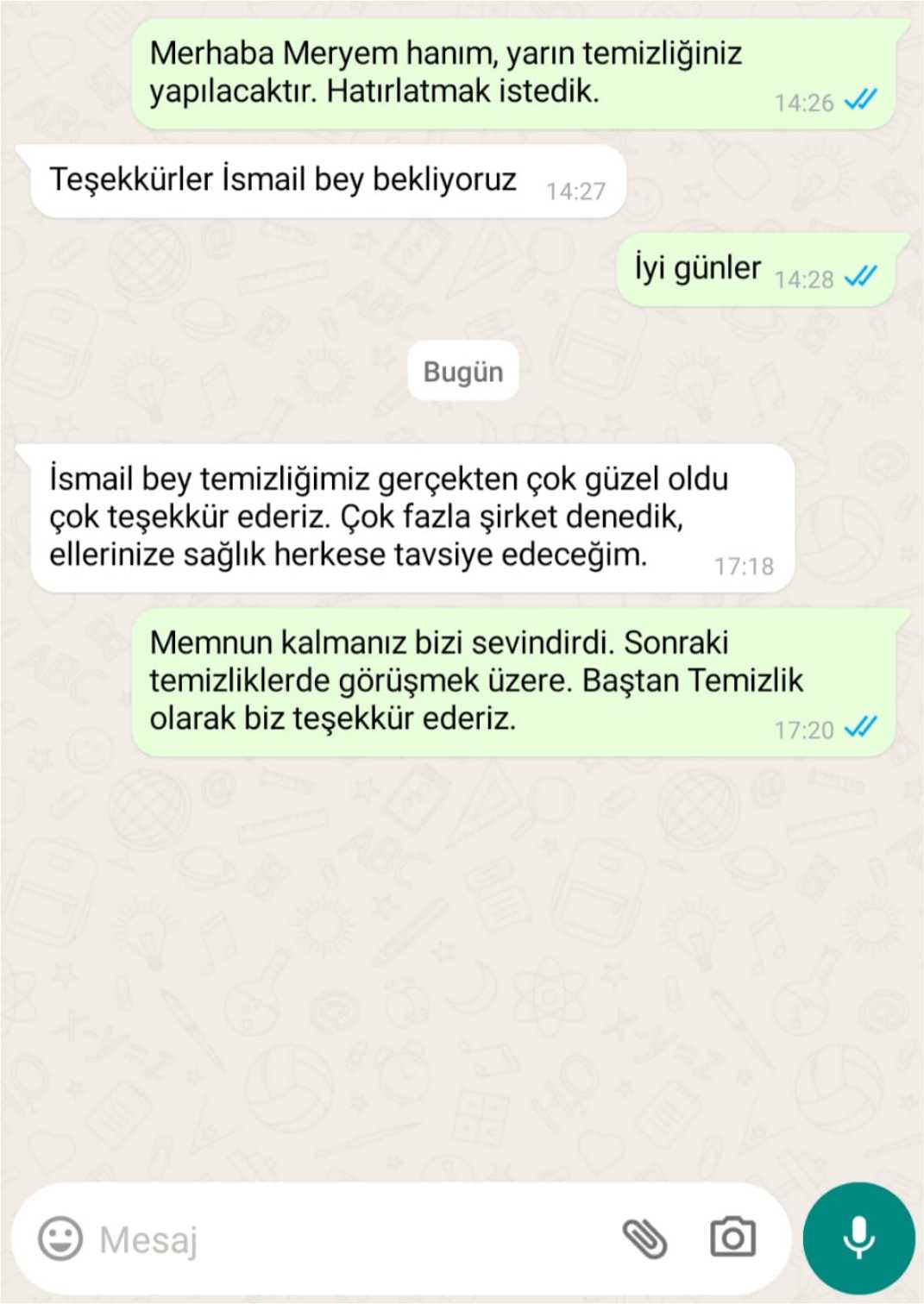 Baştan Temizlik müşteri yorumu - WhatsApp yazışması
