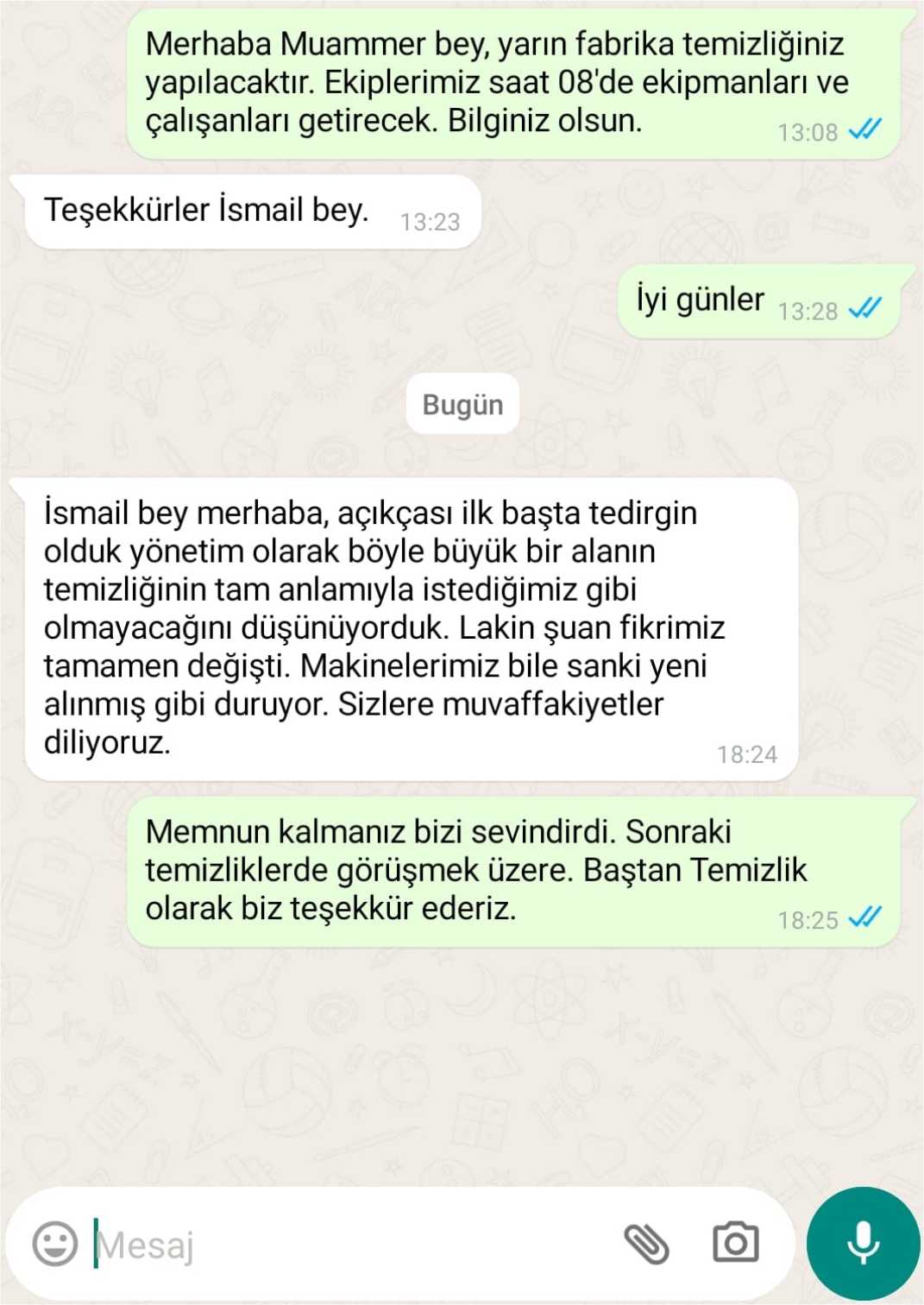 Baştan Temizlik müşteri yorumu - WhatsApp yazışması
