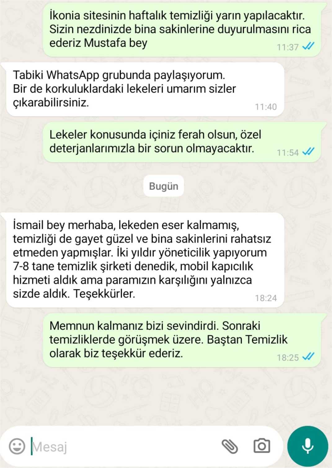 Baştan Temizlik müşteri yorumu - WhatsApp yazışması